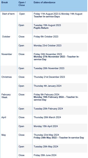 School Holidays – Park Primary School and ELCC